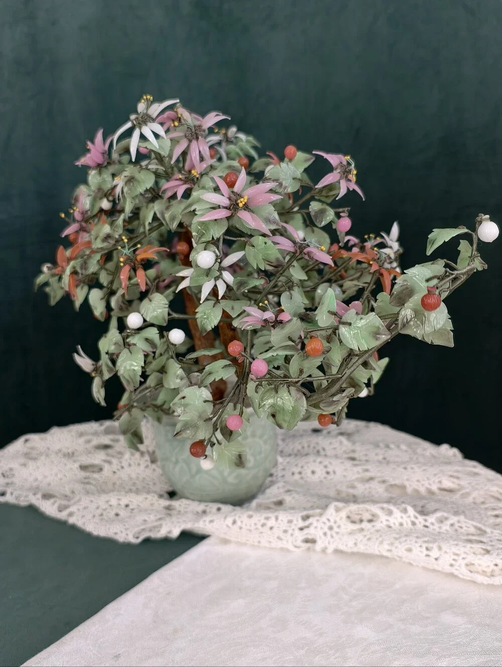 Vintage Large Jade Glass Bonsai Flower Tree in Celadon Vase